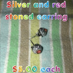 Silver and red stoned earring studs